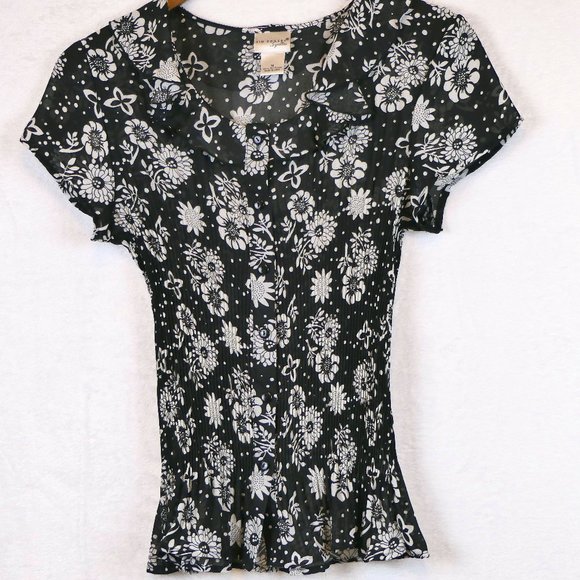 Kim Rogers Signature Women's SZ M Sheer Black w/ White Flowers Polyester Blouse - Picture 1 of 8